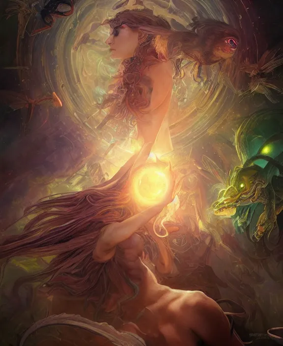 Image similar to a whirlwind of souls rushing inside the metaverse, half body, glowin eyes, mystical insects, mystical birds, lizards, snakes, d & d, fantasy, intricate, elegant, highly detailed, colorful, vivid color, digital painting, artstation, concept art, art by artgerm and greg rutkowski and alphonse mucha and ruan jia