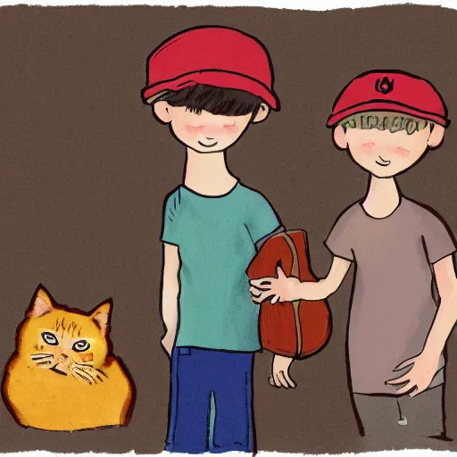 Prompt: a boy and a girl, the boy is bald with a brown baseball hat, the girl has short curly black hair, there is also a white cat, art by Carles Dalmau