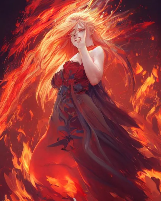 Prompt: red eyed beautiful long haired anime girl, fire dress, full body photo, flames everywhere, highly detailed, digital painting, artstation, concept art, smooth, sharp focus, illustration, art by artgerm and greg rutkowski and alphonse mucha
