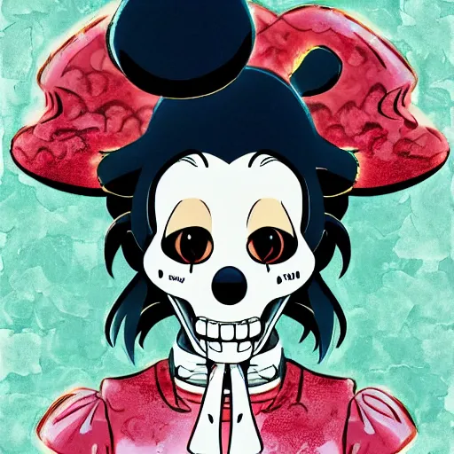 Image similar to anime manga skull portrait girl face mickey mouse marge simpson detailed highres 4k Singer Sargent and James Jean pop art nouveau