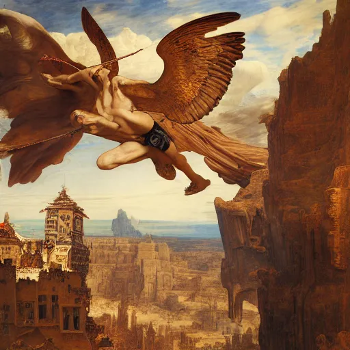 Image similar to masterpiece desert eagle soaring over bazaar of unholy goods, by Edgar Maxence and Ross Tran and Michael Whelan and Da Vinci and Caravaggio and J.M.W Turner and Brueghel intricate line drawings, unknwon intercession, detailed and beautiful intricate faces, 4k resolution