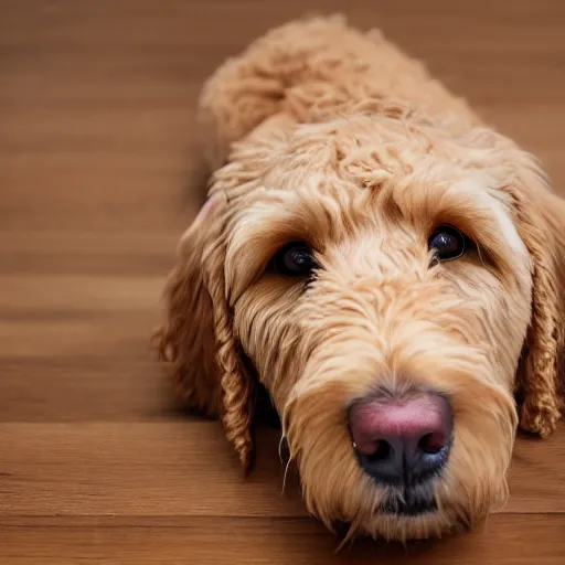 Prompt: Golden Labradoodle laying down with closed mouth and looking sideways isolated on white background