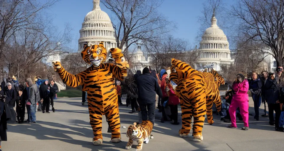 Prompt: Tony the Tiger at the January 6 attack on the US Capitol