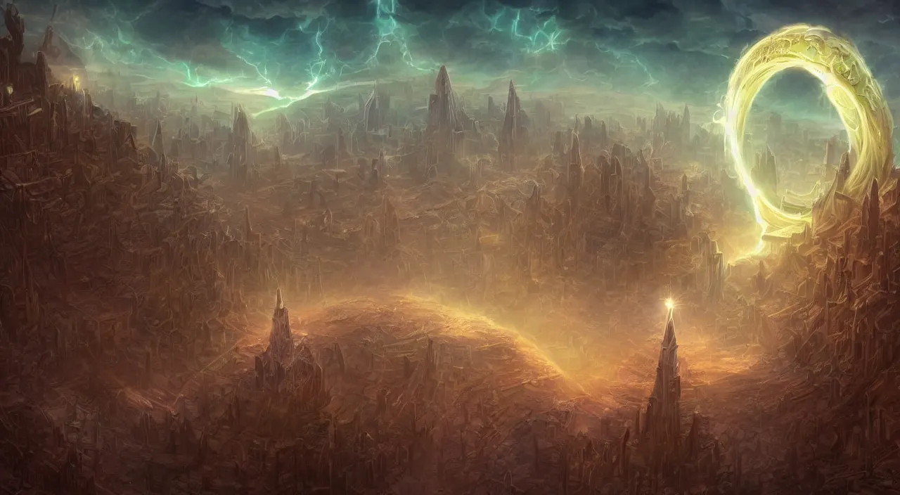 Image similar to tony diterlizzi's beautiful digital painting of sigil, the city of doors, located atop the spire in the outlands. it has the shape of a torus, and the city itself is located on the inner surface of the ring. there is no sky., digital art, volumetric lightning, amazing fantasy art