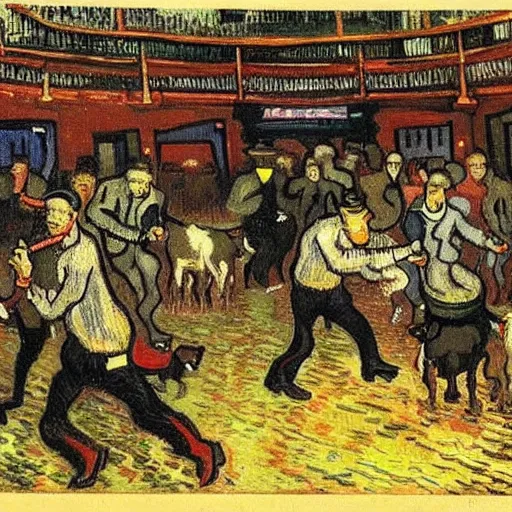 Image similar to cows trying to get into The Steakhouse inside Circus Circus casino at 3AM during a riot, surreal, ultra detailed, by vincent van gogh in 1890