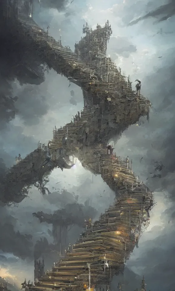 Prompt: endless stairs made of books leading to heaven, sky full of clouds, art by greg rutkowski and peter mohrbacher, featured in artstation, octane render, cinematic, elegant, intricate, ultra detailed, rule of thirds, professional lighting, unreal engine, fantasy, concept art, sharp focus, illustration, 8 k