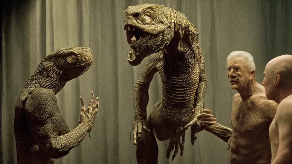 Prompt: a man talking to a reptilian humanoid, reptile, reptilian, movie still, cinematic composition, cinematic light, criterion collection, reimagined by industrial light and magic, Movie by David Lynch and Ridley Scott