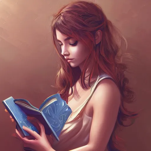 Prompt: a girl reading book, sci-fi, glossy eyes, face, long hair, fantasy, intricate, elegant, highly detailed, digital painting, artstation, concept art, smooth, sharp focus, illustration