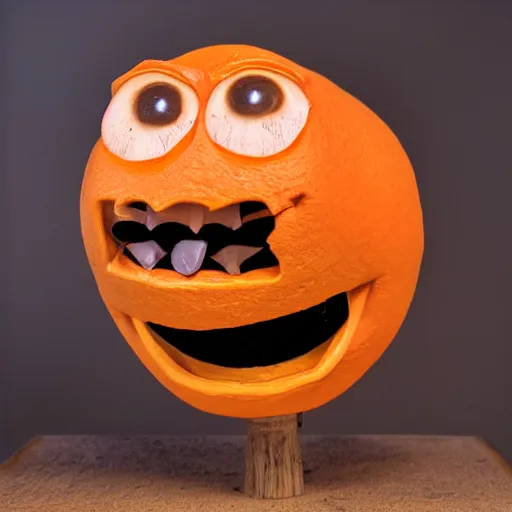 Prompt: a taxidermized annoying orange, in a museum, 8 5 mm lens, 7 0 mm entrance pupil diameter