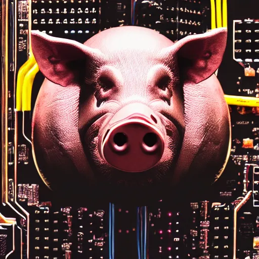 Image similar to a portrait photograph of a big aggressive male cyberpunk pig, circuit boards, motherboard, mainboard, wires, cable management, electrical wires, activity lights, cyberpunk, artstation, detail, hyperrealistic, digital photograph, natural light canon eos c 3 0 0, ƒ 1. 8, 3 5 mm, 8 k