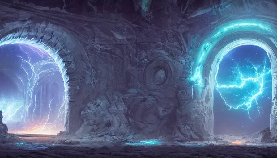 Prompt: beautiful detailed digital matte painting of a massive stone arched glowing electric nebula portal with magic pouring from it, by Gal Barkan and Greg Rutkowski and Robert Hubert, rippling magic, carved stone, intricate detail, gothic, romanesque, futuristic, dark rainbow