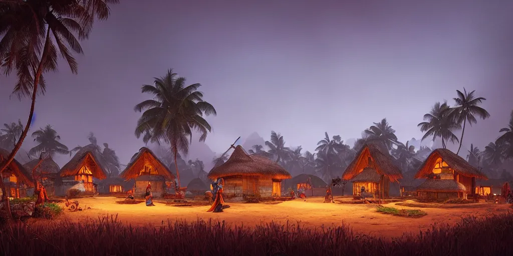 Image similar to establishing shot of a kerala village with thatched houses designed by zaha hadid, an epic fantasy, dramatic lighting, cinematic, extremely high detail, photorealistic, cinematic lighting, matte painting, artstation, by simon stalenhag, horizon forbidden west