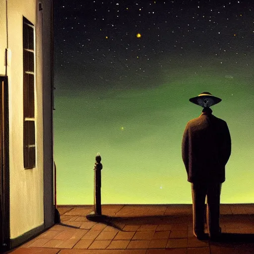 Prompt: a painting painting of a lonely man with a skull as his head waiting for the bus at night, green dramatic and cinematic light from the streetlight, the sky is full of stars, in the style of edward hopper, 4 k,