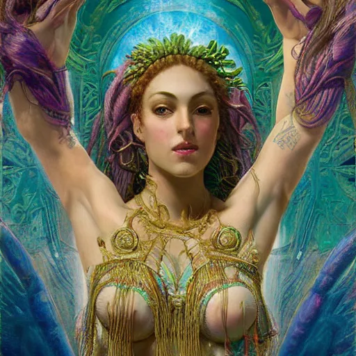 Image similar to artstation, intricate details, hyper details, by gaston bussiere and sandro botticelli, tan skin sumerian goddess inanna, lady of elche, egyptian sumerian features, techno mystic dominatrix goddess intergalactica, inanna with aqua neon rapunzel dreadlocks,