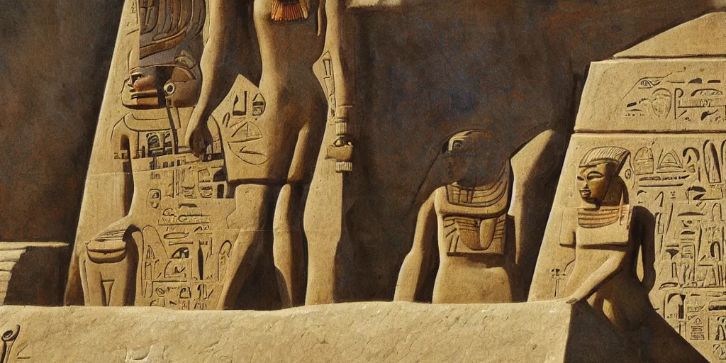 Image similar to extremely detailed painting of a prehistoric android working on an egyptian pyramid, daylight, sunny