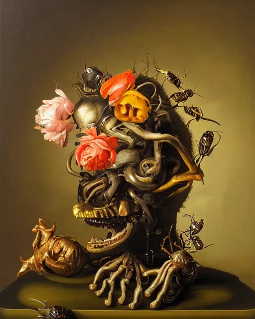 Image similar to refined gorgeous blended oil painting with black background by christian rex van minnen rachel ruysch dali todd schorr of a chiaroscuro portrait of an extremely bizarre disturbing mutated man made of still life flowers and rubber insects with shiny skin acne dutch golden age vanitas intense chiaroscuro cast shadows obscuring features dramatic lighting perfect symmetry perfect composition masterpiece