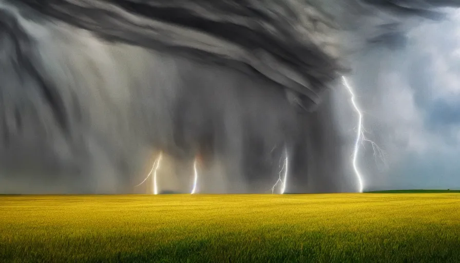 Image similar to a tornado rips through a farm field, digital art, highly detailed, realistic, bright colors, 8 k