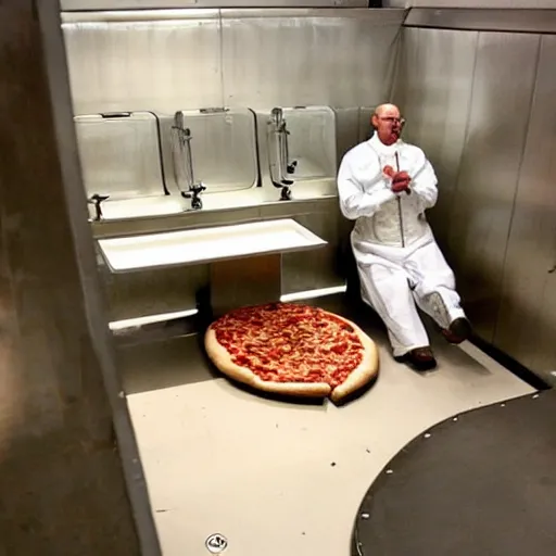 Image similar to Walter white running a pizza restroom