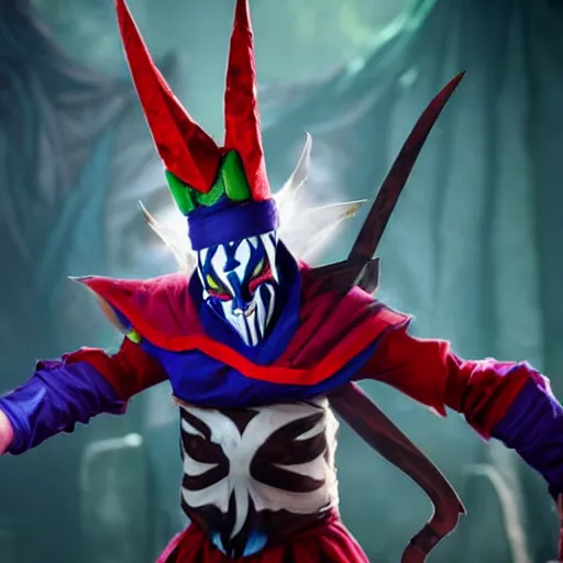 Image similar to ultra realistic shaco the mischevious jester tricking his enemies before he stabs them in the back with his wavy daggers