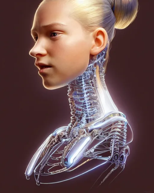 Image similar to weta disney pixar movie still head and torso portrait photo of young millie alicia bobby vikander brown with a white ponytail as thoughtful intricate detailed mechanical translucent cyborg girl opening up her chest by pixar, by weta, wlop, ilya kuvshinov, rossdraws, artgerm, latex, iridescent, bright morning, anime, liosh, mucha