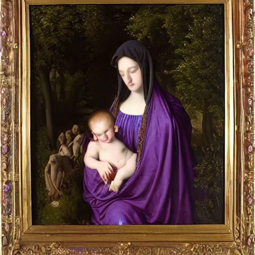 Prompt: Rapphaelaen Madonna in purple velvet holding a child, Bougereau nymphs around, forest with dark trees, 1k