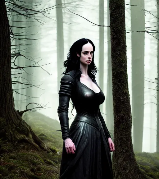 Prompt: 5 5 mm close up portrait photo of krysten ritter as yennefer of vengerberg in black leather armor and long black thick hair who has purple eyes, in a forest. magical atmosphere. art by greg rutkowski. lifelike. very detailed 8 k. intricate. soft light. nikon d 8 5 0.