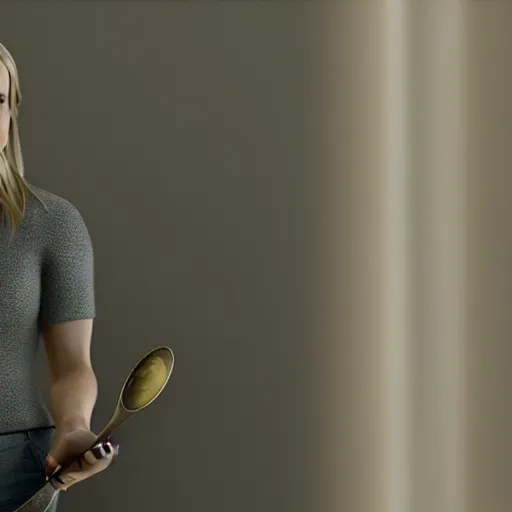 Image similar to hyperrealistic film still of reese witherspoon, holding a metal spoon, stunning 3 d render, inspired by istvan sandorfi & greg rutkowski & unreal engine, perfect symmetry, dim volumetric cinematic lighting, 8 k octane comprehensive render, extremely hyper - detailed, incredibly lifelike attributes, intricate, real flesh texture, masterpiece, artstation, stunning,