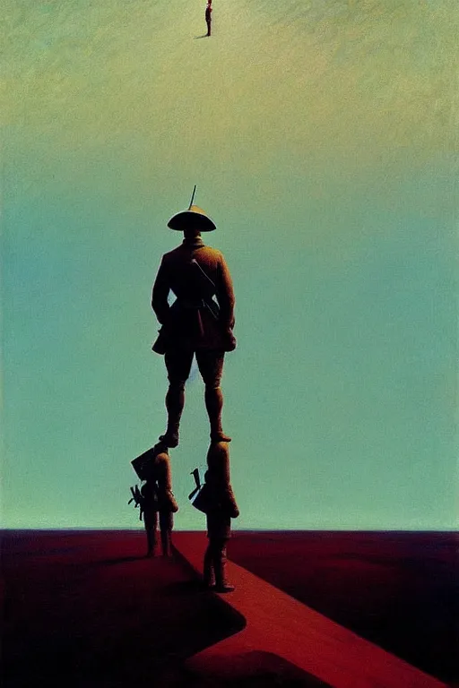 Prompt: world war 1 soldier goes into horizon, edward hopper and james gilleard zdzislaw beksisnski higly detailed