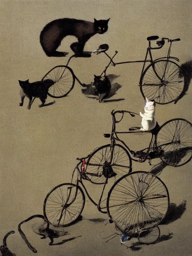 Image similar to A cat driving a bicycle, an illustration by Michael Sowa, but as photography