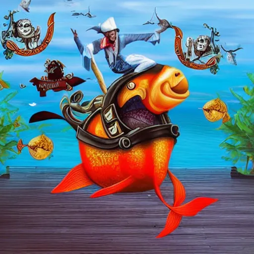 Prompt: a pirate riding a giant goldfish, high quality photo