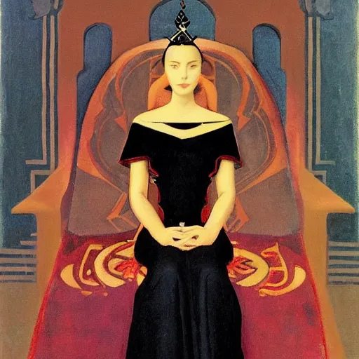 Image similar to an illustration of a queen wearing a beautiful black dress on a simple stone throne by nicholas roerich, by johann heinrich fussli, by frank frazettaby georgia o keeffe, realistic, detailed, oil painting
