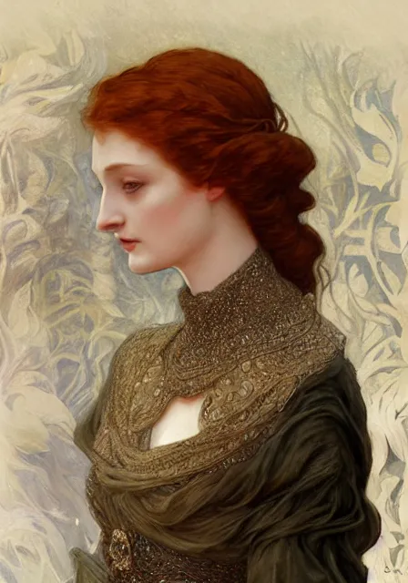 Prompt: sansa, intricate, elegant, highly detailed, digital painting, artstation, concept art, smooth, sharp focus, illustration, pre - raphaelite style, mucha, monet