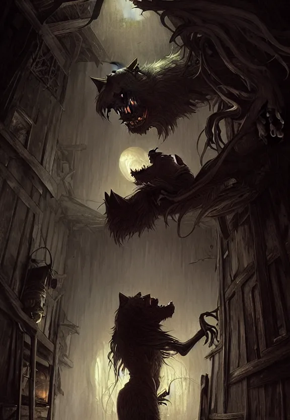 Prompt: Mostrous werewolf chained at a spooky old attic, fantasy magic, dark light night, intricate, elegant, sharp focus, illustration, highly detailed, digital painting, concept art, matte, art by WLOP and Artgerm and Greg Rutkowski and Alphonse Mucha, masterpiece