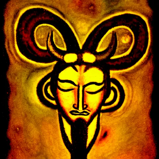 Image similar to horned god, paleolithic cave painting, light of fire