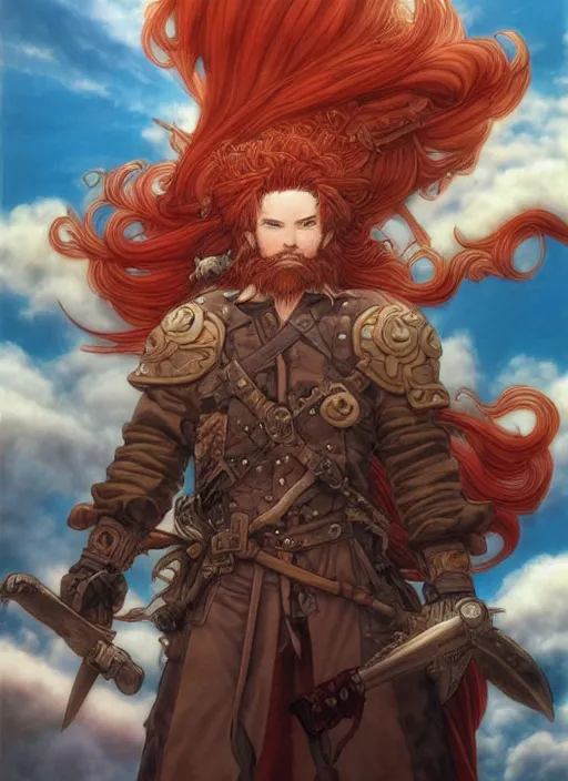 Image similar to prompt : ragnarok online portrait soft light painted by james jean and katsuhiro otomo and erik jones, inspired by akira anime, epic fantasy, a long red haired, red bearded male sky - pirate in front of an airship, intricate oil painting, high detail illustration, sharp high detail, manga and anime 1 9 9 9