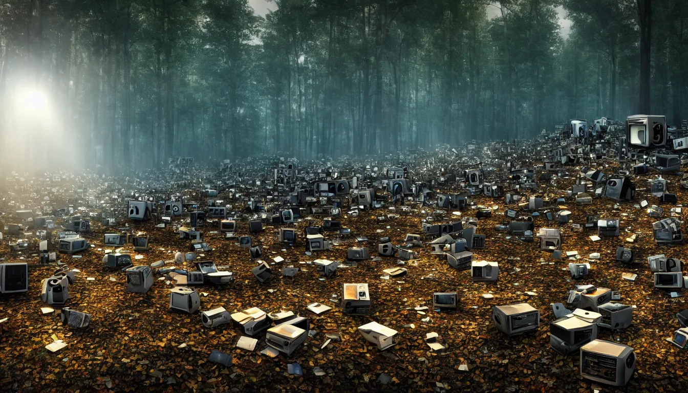 Prompt: decaying Luxury housing emerging form a forest landscape, piles of crt monitors littering the landscape, volumetric light , full colour ,4k