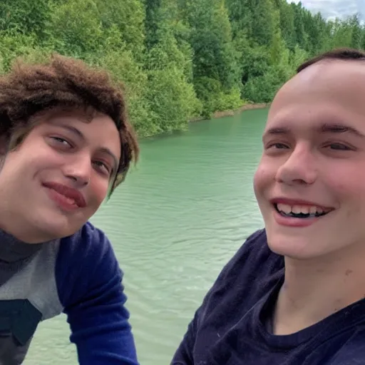 Prompt: a queer human named river sitting next to their friend who is also named river by a river