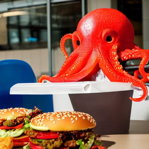 Image similar to octopus made of steel eating fastfood, 5 5 mm