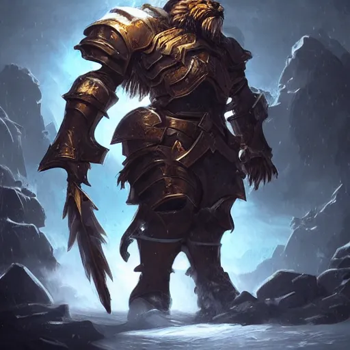 Prompt: heavy armored knight with the head of a lion, epic fantasy style, in the style of Greg Rutkowski, hearthstone artwork