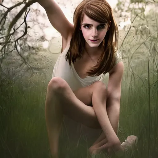 Prompt: full shot photograph portrait of a woman as Emma Watson as Dva from Overwatch, elegant, 70mm lens, outdoors lighting, nature background, symmetric circular iris, detailed moisture, detailed droplets, detailed intricate hair strands, DSLR, ray tracing reflections, symmetrical face and body, gottfried helnwein and Irakli Nadar, eye reflections, focused, unreal engine 5, vfx, post processing, post production, single face