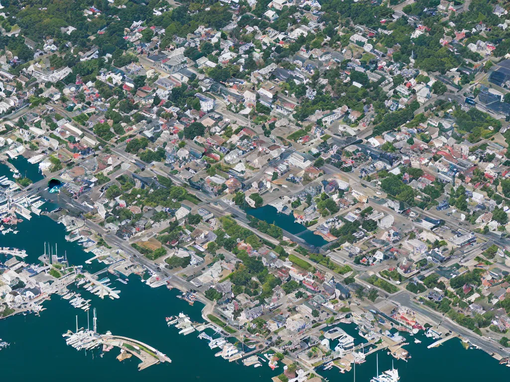 Image similar to bird's eye view photo of a small city with shops, shipping dock harbor, and beach to the south. a bridge crosses a big lake, with a town hall, marketplace, and towers to the north. there is a field in the middle of the city. small hills and woods north of the city