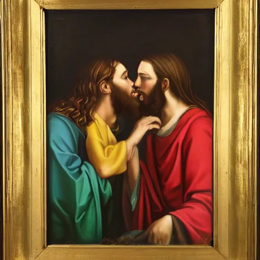 Image similar to 1 8 th oil panting of a jesus kissing a woman