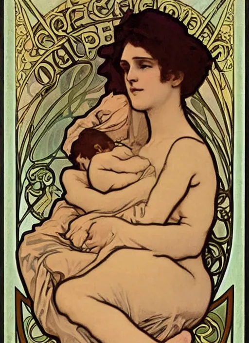 Prompt: an art nouveau painting by alphonse mucha of a mother cradling her newborn baby