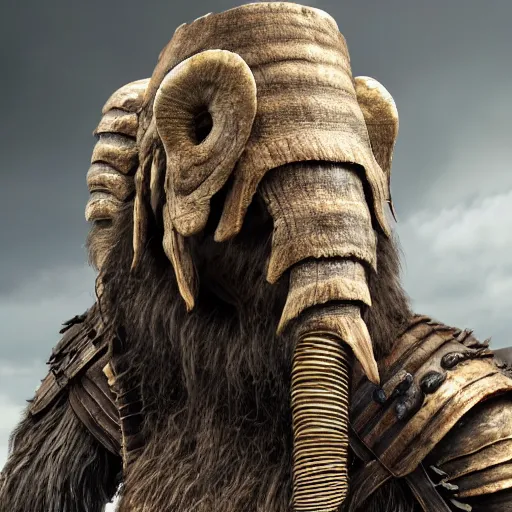 Image similar to hyperrealistic mixed media image of mammoth tusk and mammoth hide armor from skyrim, stunning 3 d render inspired art by greg rutkowski and xiang duan and thomas eakes, perfect facial symmetry, flesh texture, realistic, highly detailed attributes and atmosphere, dim volumetric cinematic lighting, 8 k octane detailed render, post - processing, masterpiece,