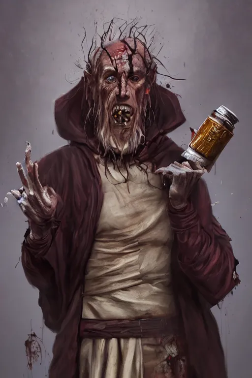 Image similar to A deranged filthy man looking like Willem Dafoe wearing long dark damaged ripped robes showing an alchemist flask, long fingernails, unclipped fingernails, sharp fingernails, focus on face, sharp focus, digital painting, trending on artstation, concept art, fantasy, medieval, D&D