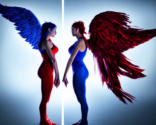 Image similar to red - male - devil and blue - female - angel facing each other in mirrored pose, dramatic lighting, 8 k, high quality, hyper realistic, 3 5 mm photography, epic fantasy masterpiece