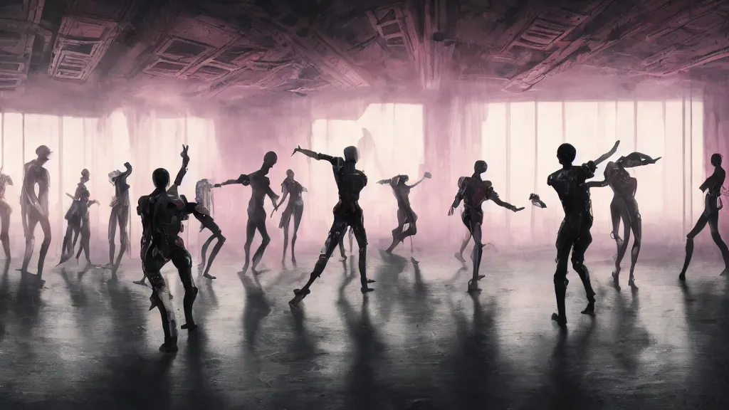 Image similar to group of cyborgs dancing in a 1 8 th century room in the sky, in different depth, large windows, modern city outside of big windows, cables everywhere, cables on walls, wooden parquet, volumetric lighting, concept art, bladerunner, ex machina, depth haze, cinematic, golden and pink, 4 k