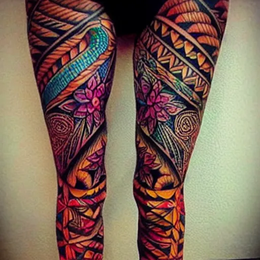 Image similar to tribal tattoo along female leg, epic, psychedelic colors, beautiful, intricate detail