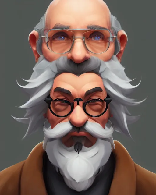 Image similar to overwatch concept art character portrait of a new character who is an elderly man with a long curly blue beard and spectacles, trending on artstation, cgsociety,