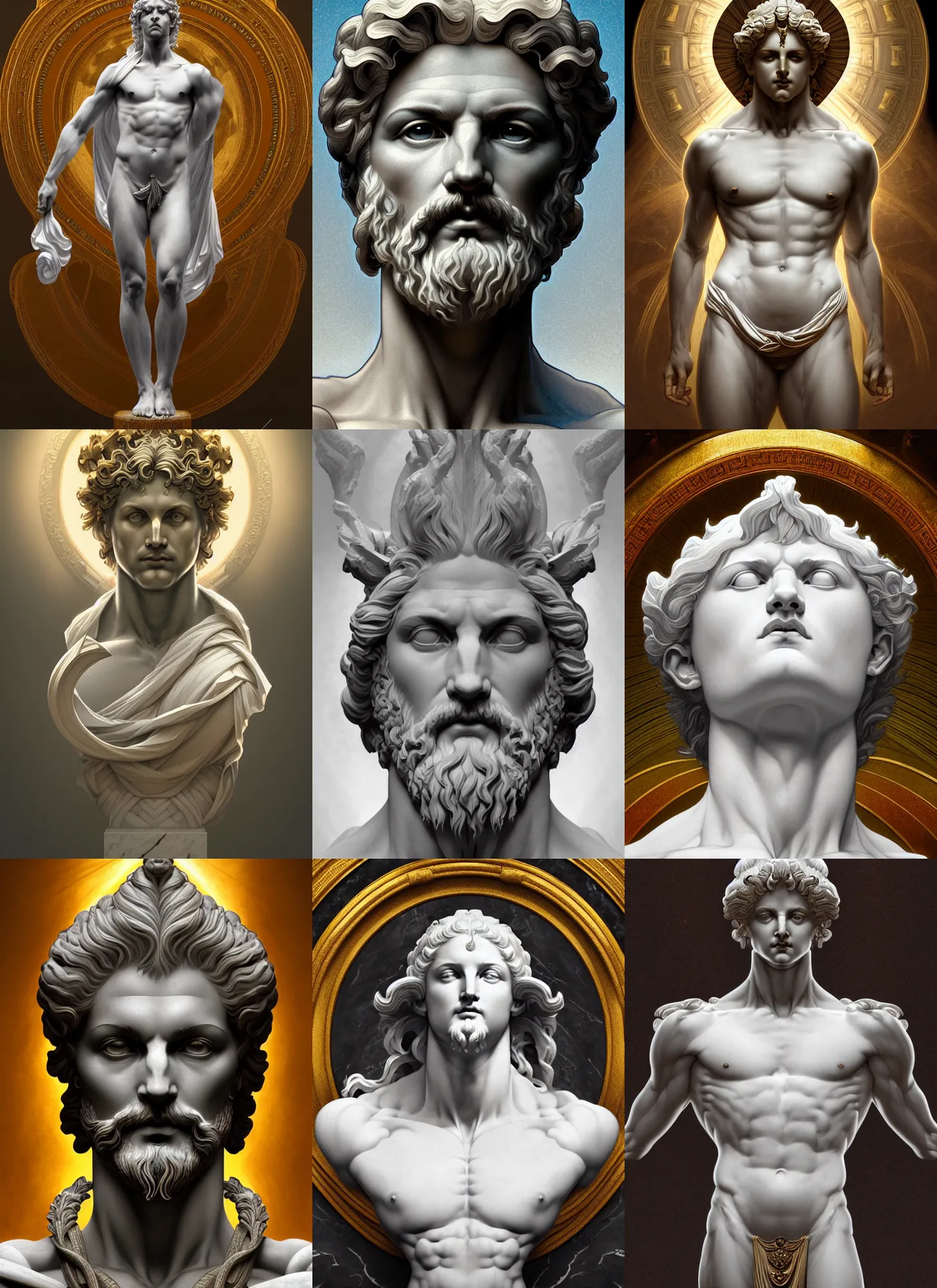 Prompt: symmetry!! portrait of marble statue god zeus, mithology, intricate, highly detailed, dynamic lighting, digital art, digital painting, artstation, wlop, sharp focus, illustration, art by artgerm and greg rutkowski and alphonse mucha, 8 k